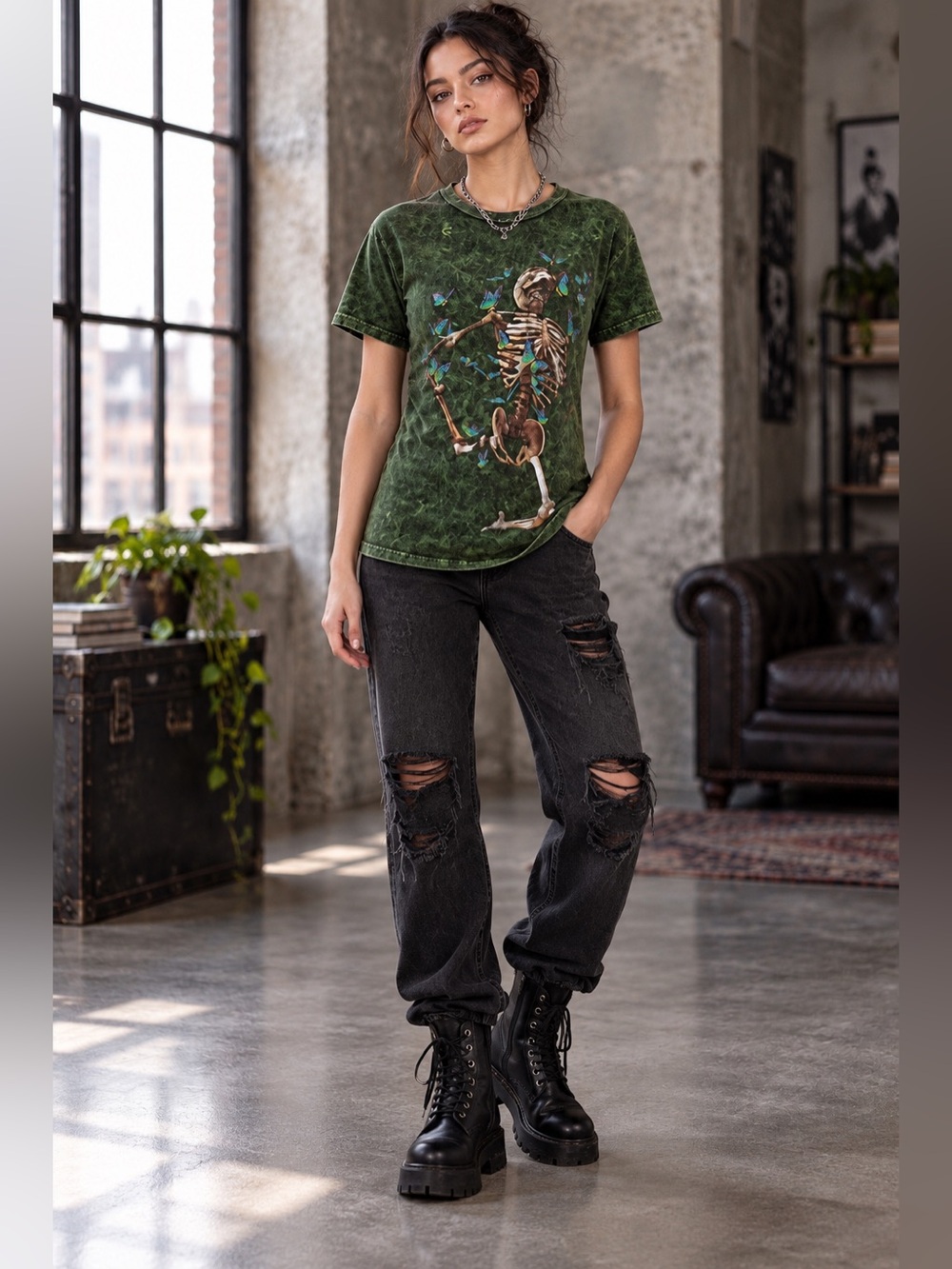 Hot Topic Skeleton Butterfly Acid Wash Green Graphic T-Shirt Small